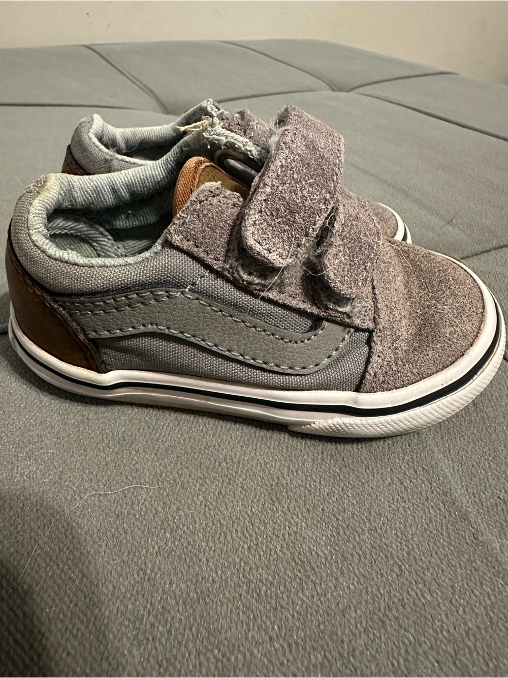 Vans Kids Gray Suede & Canvas Velcro Sneakers with Brown Accent